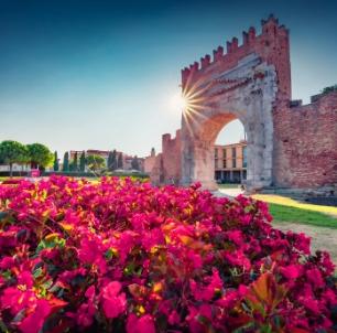 Roman arch with pink flowers in foreground, clear sky.